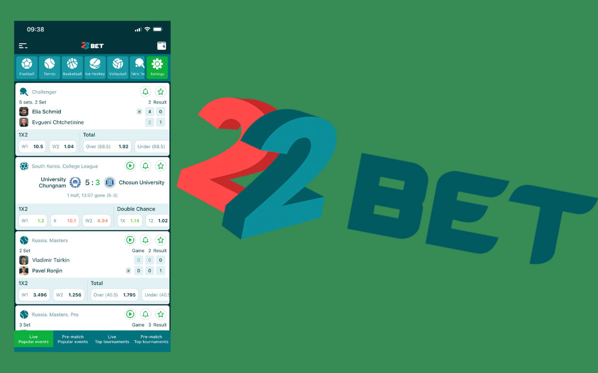 Zrzut ekranu aplikacji 22Bet